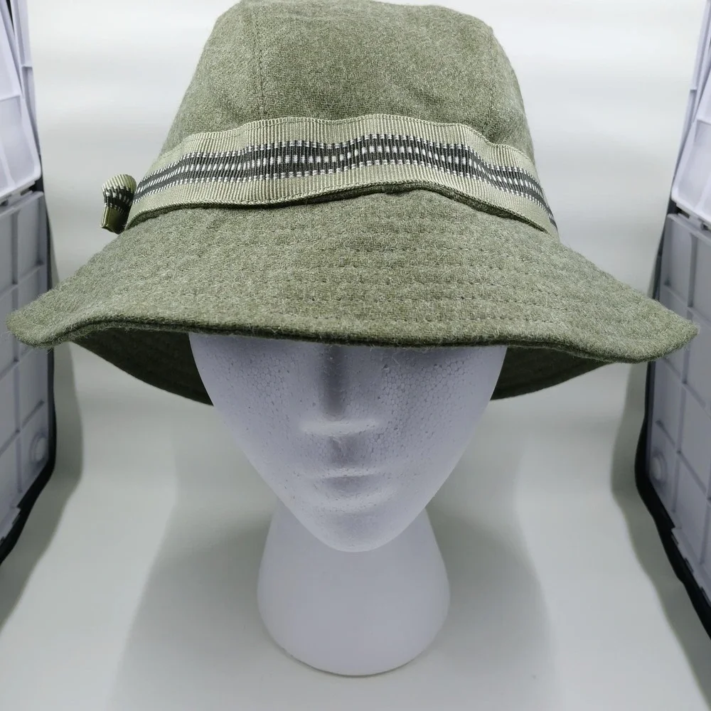 Liz Claiborne Hat Bucket Cloche Olive Green Wool Blend‎ Ribbon Band Bow Womens